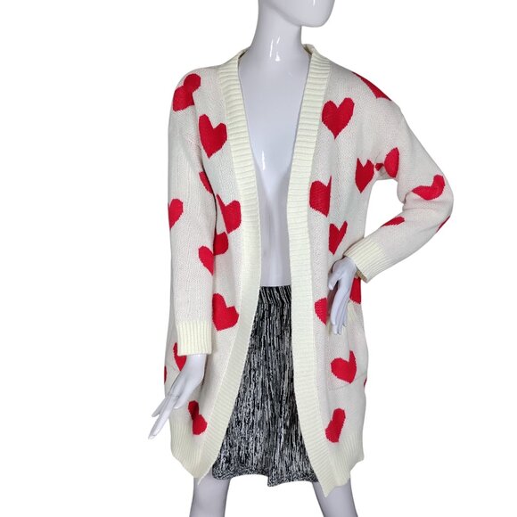 Beige Knitted Open Cardigan Red Hearts Pattern Long Sleeve 2 Front Patch Pockets - Picture 1 of 7